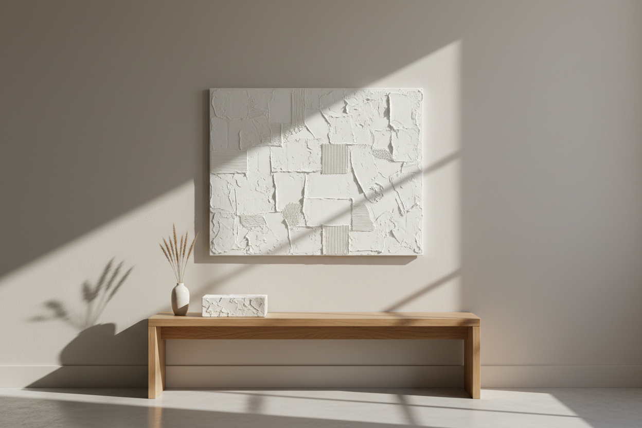 I want a white peice of textured wall art on the wall. On the table I want a matching peice of art