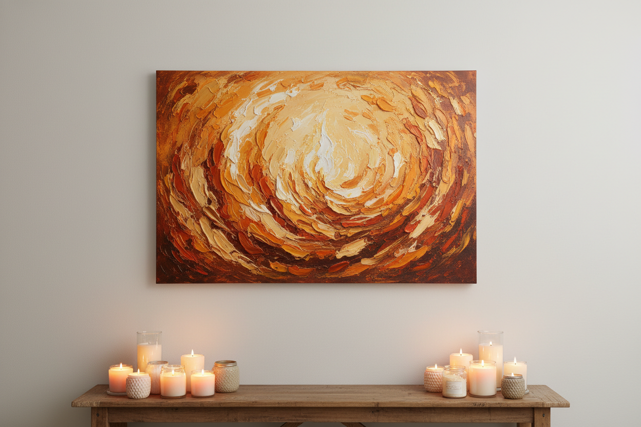 make me a piece of textured wall art that compliments my warm & cozy candle collection. Also make a smaller size picture sitting on a table display to match it.