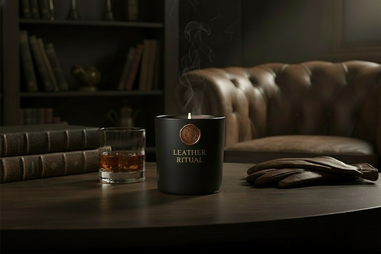 my candle is called leather ritual in a black jar show me a good background with my candle