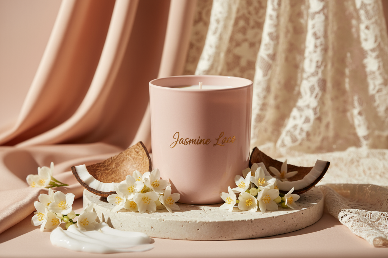 The candle is called Jasmine lace and it is in a blush tumbler. The fragrance is jasmine sambac, neroli, creamy coconut and musk. Create a fitting background with the candle in it