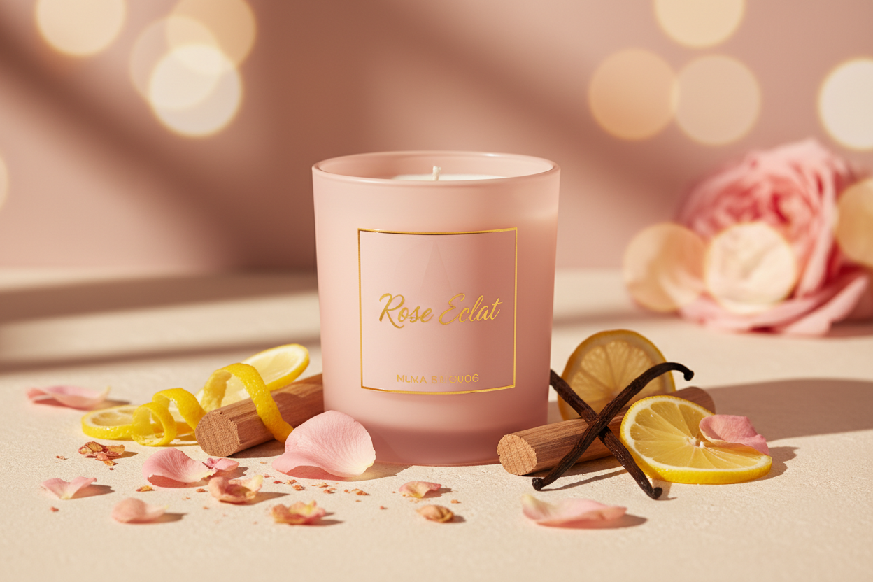 The jar is a blush matte tumbler and the candle name is rose eclat. Bulgarian rose, lemon zest, sandalwood and vanilla. Create a fitting background with the candle in it