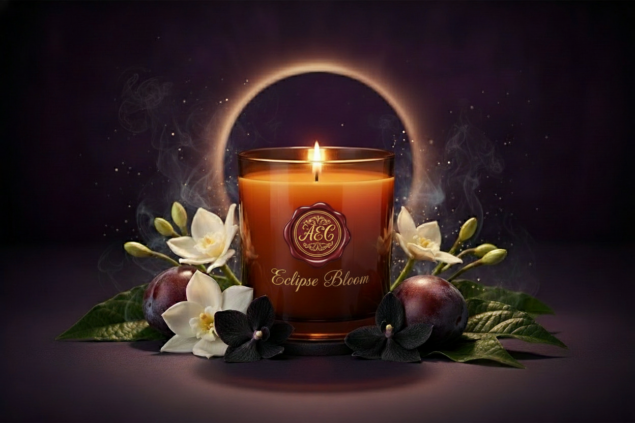 The jar is an amber tumbler. The name of the candle is Eclipse bloom. The fragrance is tuberose, black orchid, plum and patchouli. Make a fitting background with the candle in it.