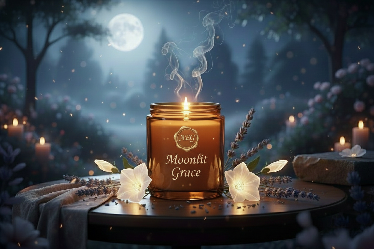 The jar is dark amber and the candle is called moonlit grace. The scent is lavendar, moonflower, amber, tonka and musk. Create a fitting background with the candle in it