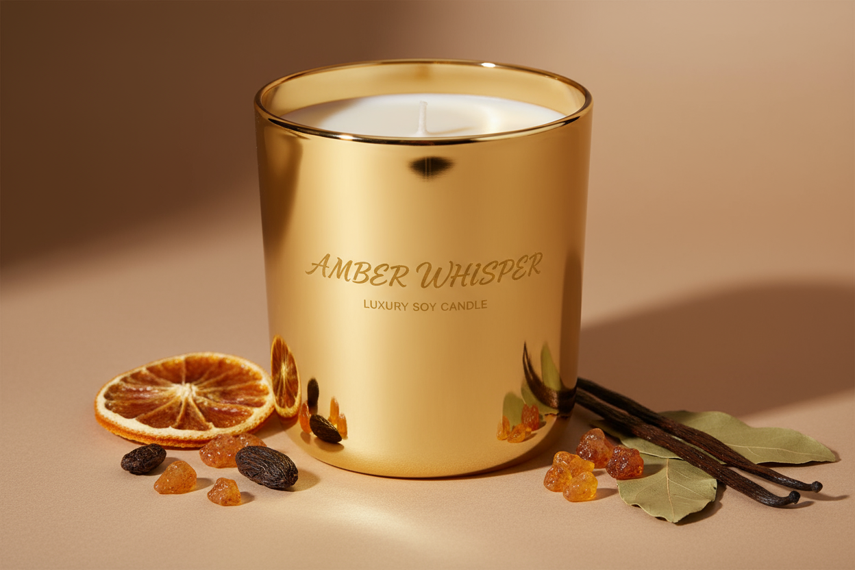 This candles name is amber whisper in a shiny gold tumbler from my warm and elegant collection. The fragrance is mandarin, amber resin, tonka bean, patchouli and vanilla