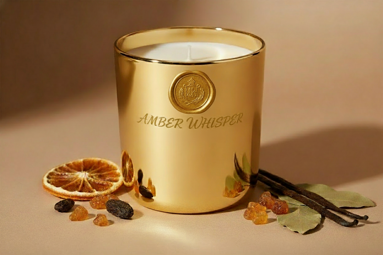 This candles name is amber whisper in a shiny gold tumbler from my warm and elegant collection. The fragrance is mandarin, amber resin, tonka bean, patchouli and vanilla