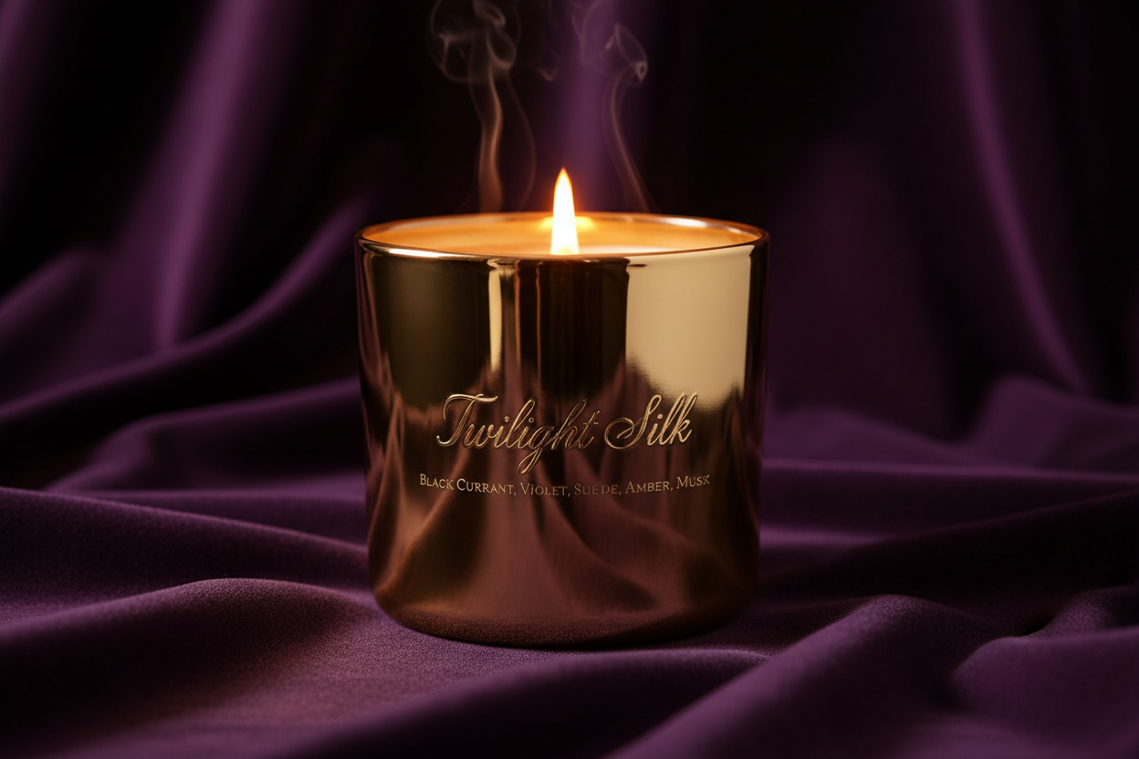 This is from my warm and elegant collection. The jar is a shiny gold tumbler and the candle name is twilight silk. The fragrance is black currant, violet, suede, amber and musk