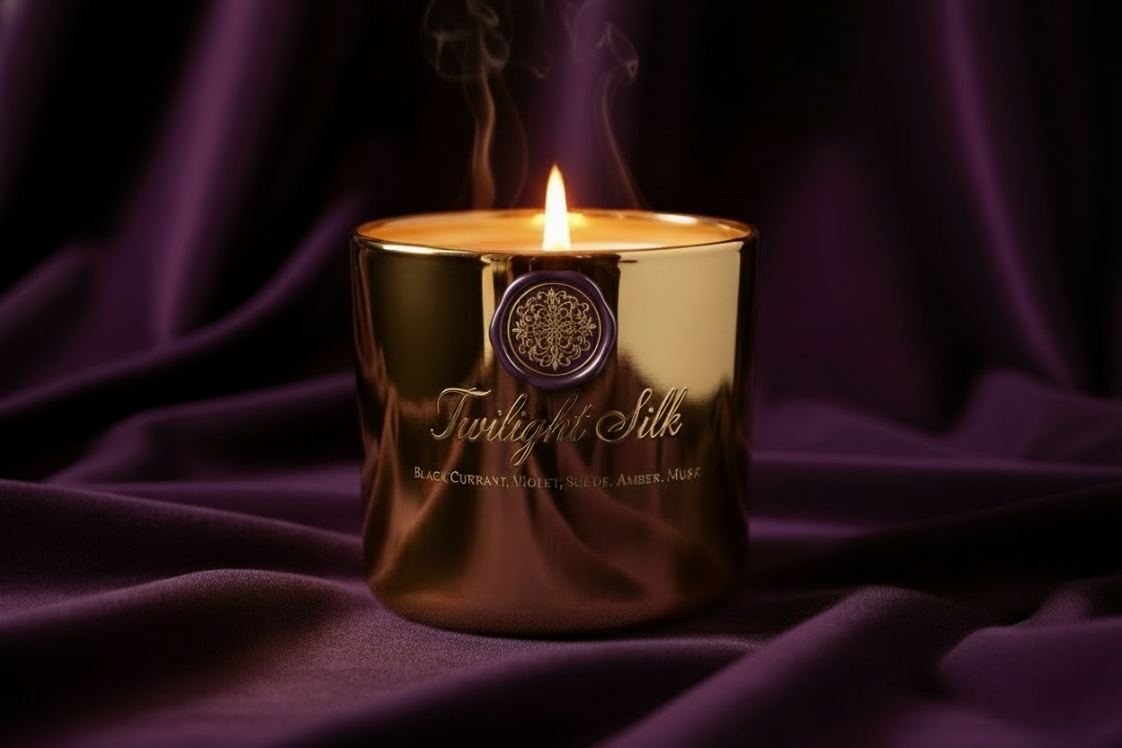 This is from my warm and elegant collection. The jar is a shiny gold tumbler and the candle name is twilight silk. The fragrance is black currant, violet, suede, amber and musk