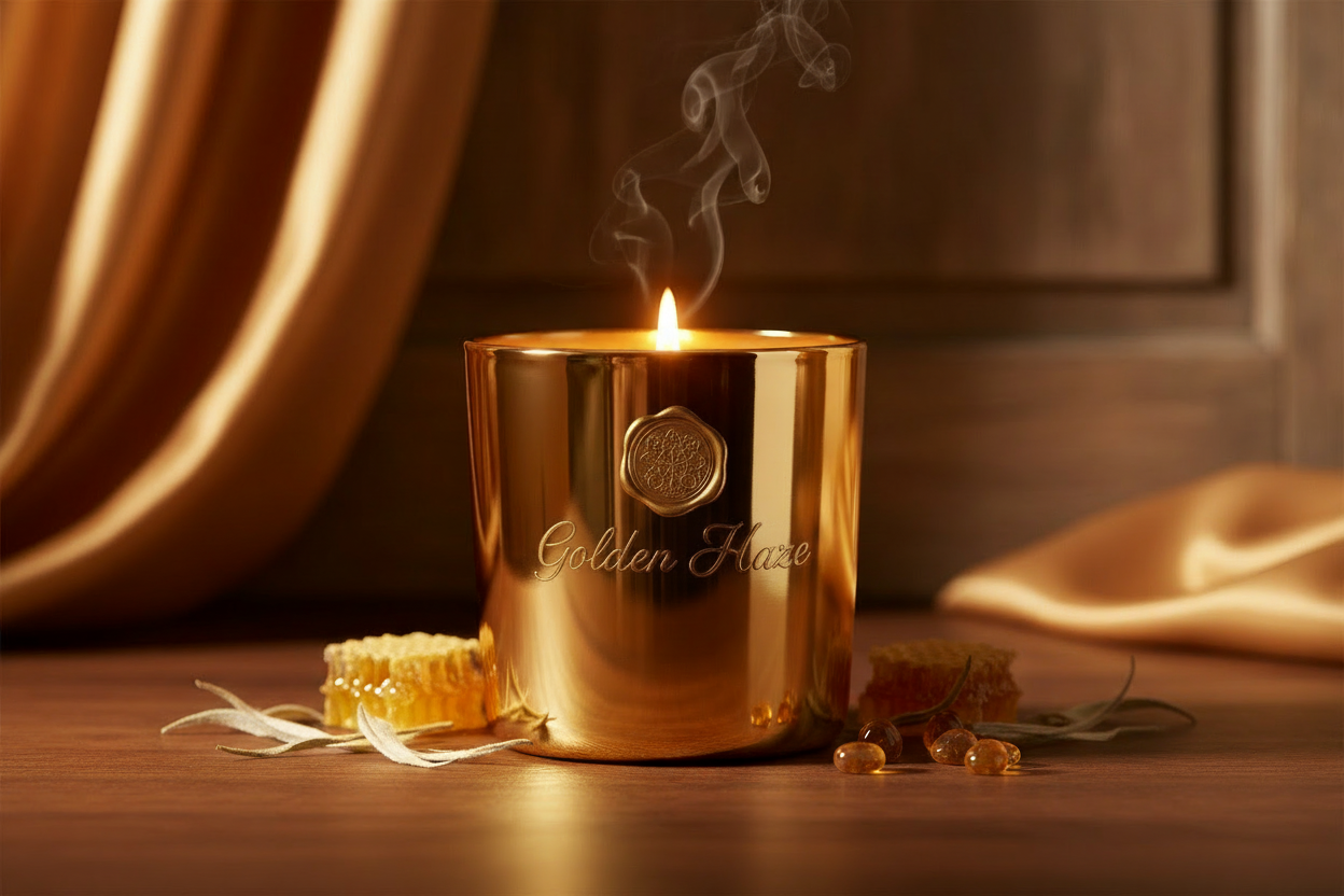 This is from my warm and elegant collection, the jar is shiny gold, the candle name is golden haze and fragrance is neroli, honey, white tea, musk and golden amber
