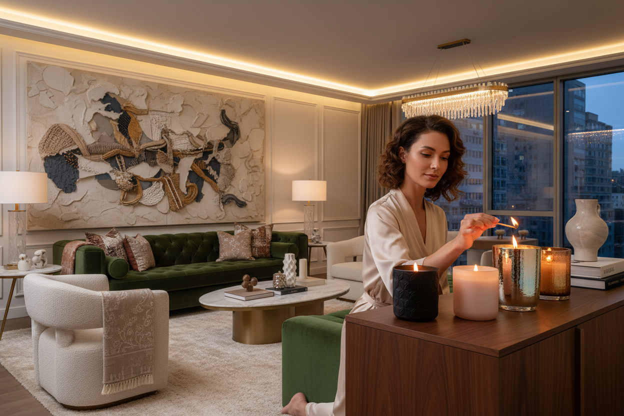 a luxury living room with textured wall art on the walls, I want a woman in the living room lighting a candle.  The candle jars need to be different colors.  1 is a black matte jar, one is a shiny gold jar, one is a blush colored jar, one is a pearl colored jar that reflects different colors in the light and one is an amber jar.