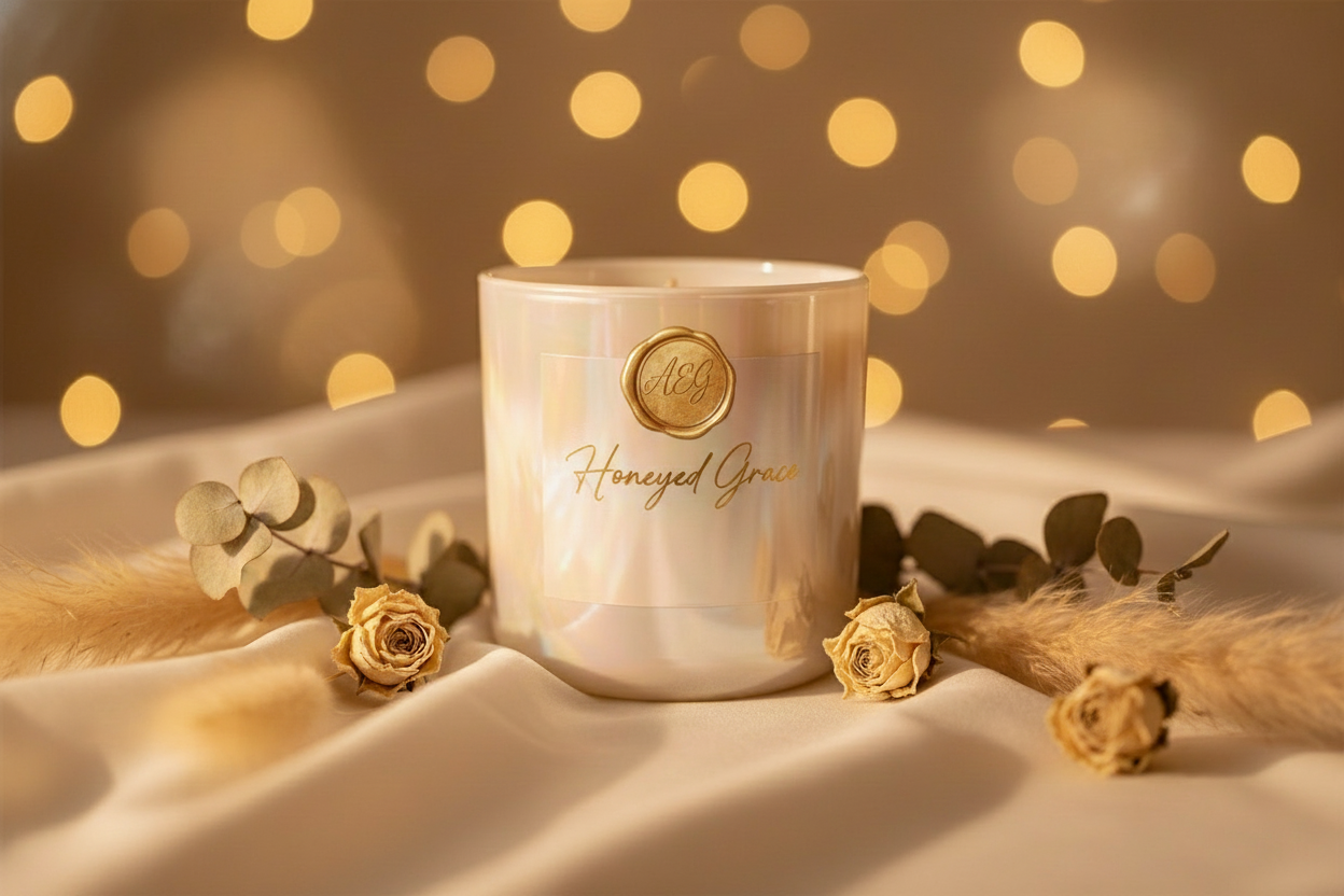 A pearl colored jar that reflects colors in the light. The fragrance is called honeyed grace, make a back ground with the candle in it.