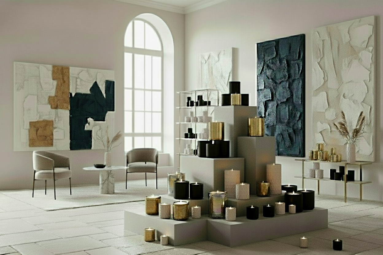 an elegant textured wall art studio with candles in black jars, gold jars, blush jars, pearl jars and amber jars