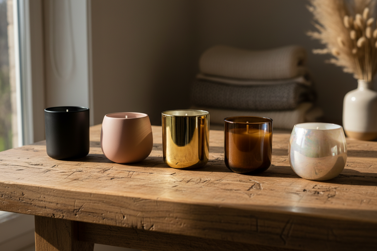 i need an artisan table with a set of 5 candle tumblers on the table.  The colors are matte black, matte blush, shiny gold, dark amber and pearl color that reflects colors when light hits it