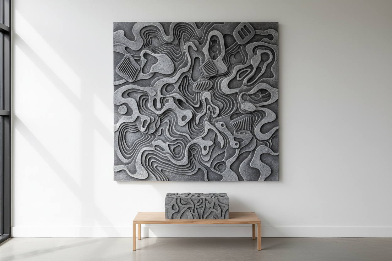 I want a grey peice of textured wall art on a wall display.  I want a matching peice of art sitting on the table