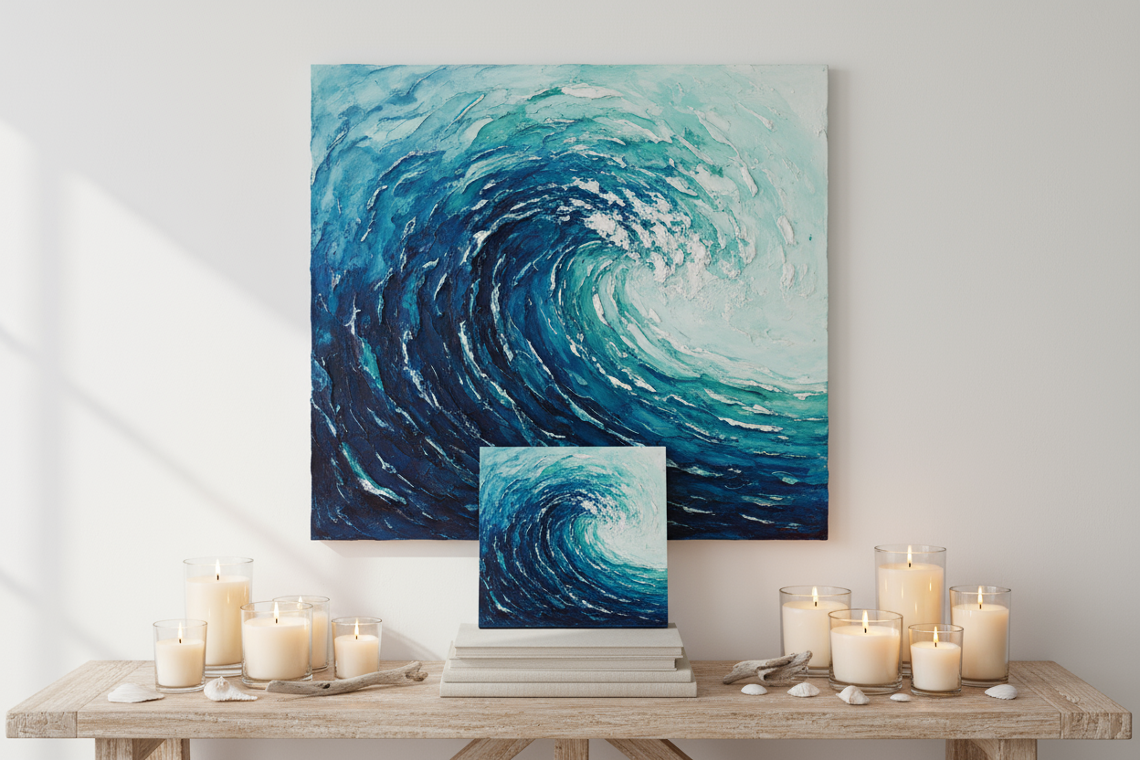 i want a piece of textured wall art in an ocean theme.  I also want a matching piece displayed on a table with candles in jars