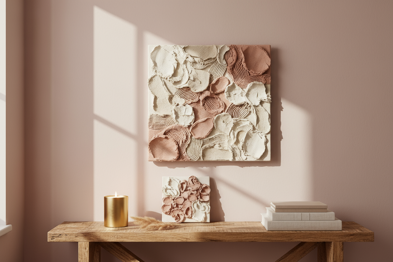 i want a piece of textured wall art on the wall and a matching piece displayed on the table with a gold candle jar in the picturre