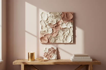 i want a piece of textured wall art on the wall and a matching piece displayed on the table with a gold candle jar in the picturre