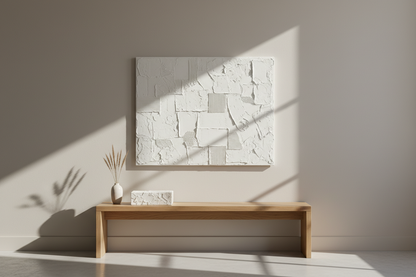 I want a white peice of textured wall art on the wall.  On the table I want a matching peice of art