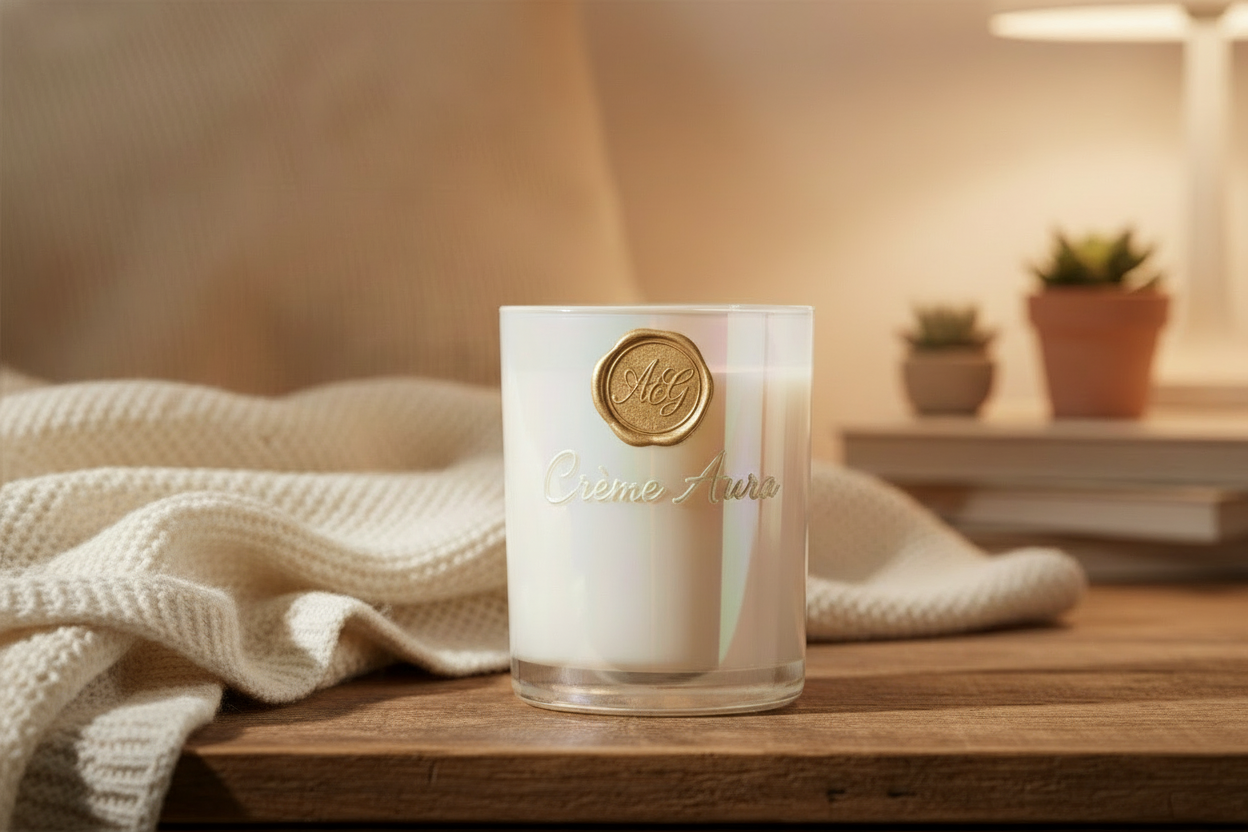 Make the tumbler a white pearl tumbler that reflects different colors in the light,  add creme aura as the name of the candle in elegant writing on one line.  The color of the writing should be a pearl cream color