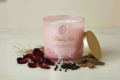 petal noir is the candle name, the jar is blush matte tumbler, the fragrance is damask rose, black pepper, oud and vetiver