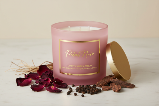 petal noir is the candle name, the jar is blush matte tumbler, the fragrance is damask rose, black pepper, oud and vetiver