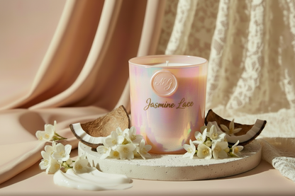 The candle is called Jasmine lace and it is in a blush tumbler.  The fragrance is jasmine sambac, neroli, creamy coconut and musk.  Create a fitting background with the candle in it