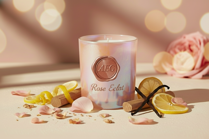The jar is a blush matte tumbler and the candle name is rose eclat.  Bulgarian rose, lemon zest, sandalwood and vanilla.  Create a fitting background with the candle in it