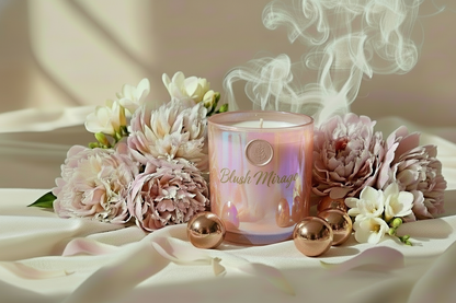 The jar is a blush matte tumbler and the name of the candle is blush mirage.  The fragrance is pink peony, lychee, freesia and white musk.  Create a fitting background with the candle in it.