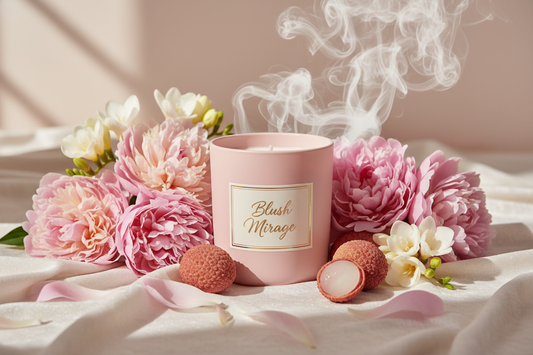 The jar is a blush matte tumbler and the name of the candle is blush mirage.  The fragrance is pink peony, lychee, freesia and white musk.  Create a fitting background with the candle in it.