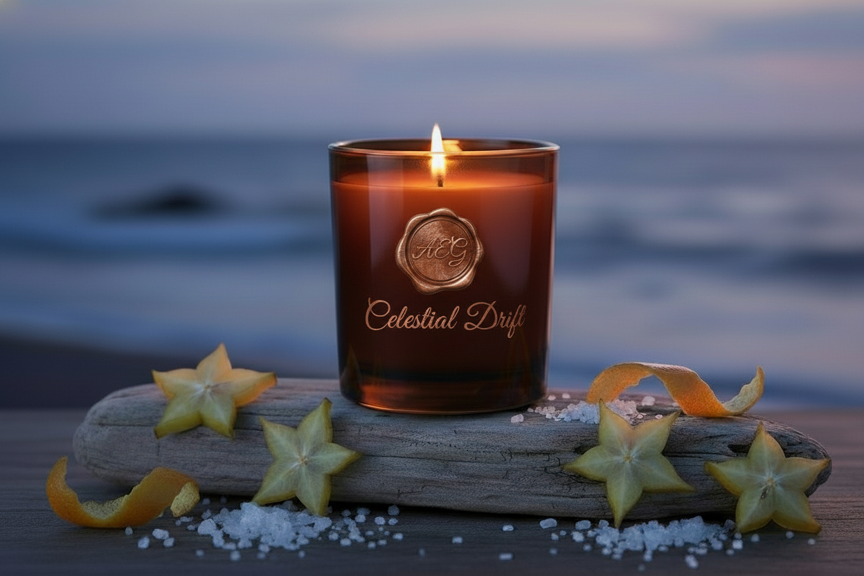 The jar is a dark amber tumbler, the name of the candle is celestial drift with bergamot, starfruit, driftwood, sea salt and musk.  Create a back ground setting with the candle in it.