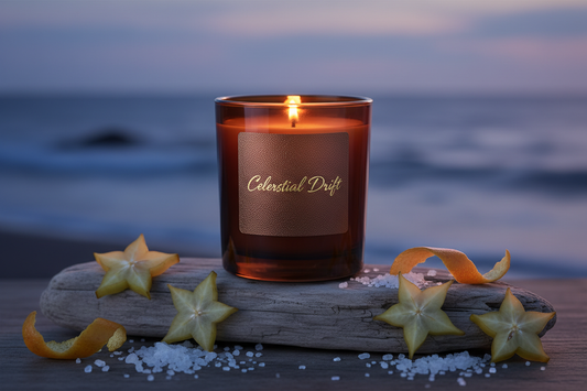The jar is a dark amber tumbler, the name of the candle is celestial drift with bergamot, starfruit, driftwood, sea salt and musk.  Create a back ground setting with the candle in it.