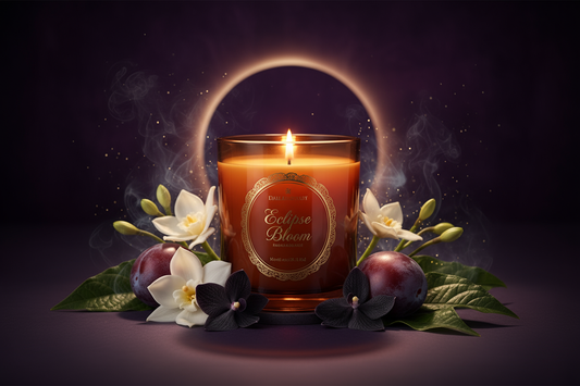 The jar is an amber tumbler.  The name of the candle is Eclipse bloom.  The fragrance is tuberose, black orchid, plum and patchouli.  Make a fitting background with the candle in it.