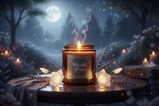 The jar is dark amber and the candle is called moonlit grace.  The scent is lavendar, moonflower, amber, tonka and musk.  Create a fitting background with the candle in it