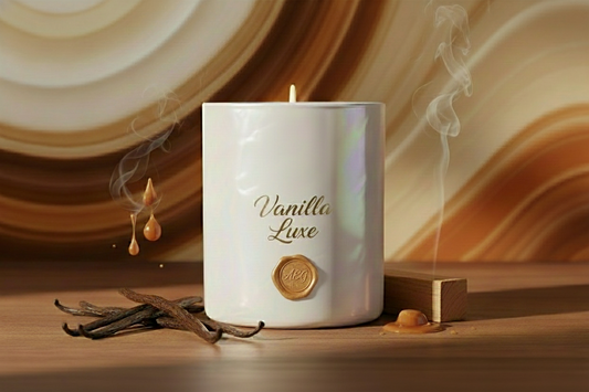 The jar is pearl colored that reflects colors in the light with straight sides.  The candle name is vanilla luxe which has tahitian vanilla, sandalwood, caramel and musk.  Make me a background to reflect the candle with the candle in it.