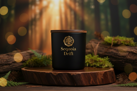 This candle is called sequoia drift in a black jar, create a background with my candle