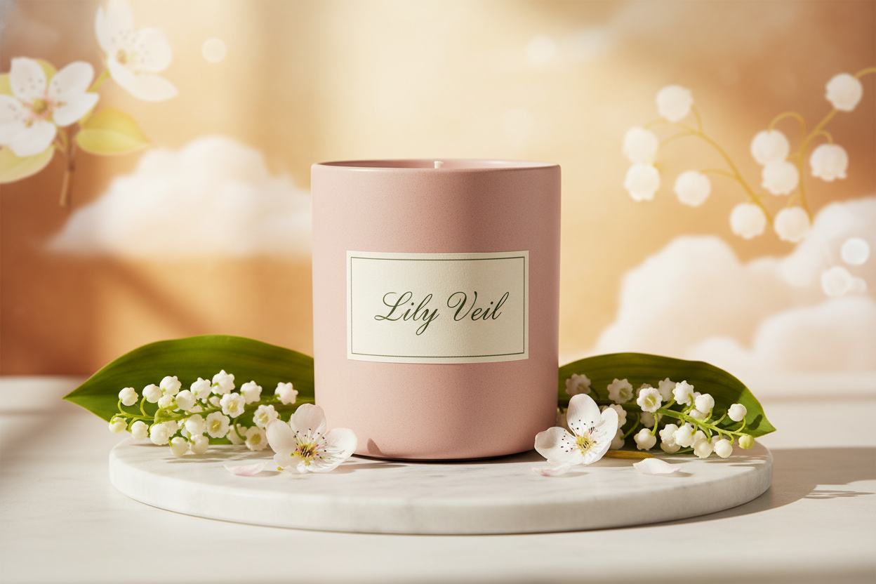 This candle is in a matte blush tumbler, the name of the candle is Lily Veil and the fragrance is lily of the valley, pear blossom and white amber.  Create a fitting background with the candle in it.