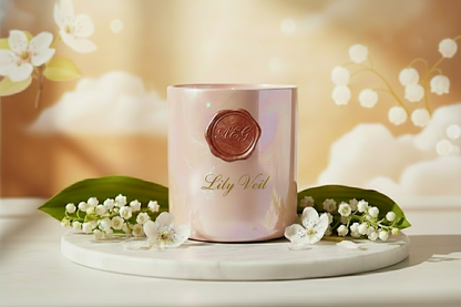 This candle is in a matte blush tumbler, the name of the candle is Lily Veil and the fragrance is lily of the valley, pear blossom and white amber.  Create a fitting background with the candle in it.