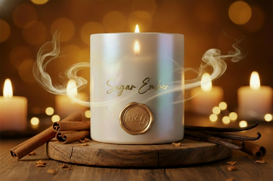 This candle is in a pearl colored straight sided jar that reflects colors in light.  The name is sugar ember and has toasted marshmallow, amber cinnamon and vanilla bean.  Create a back ground to reflect the candle and include the candle in the background