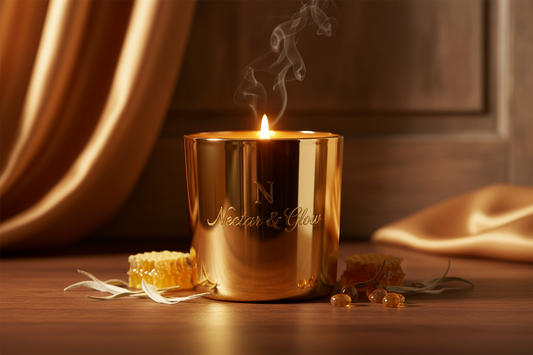 This is from my warm and elegant collection, the jar is shiny gold, the candle name is golden haze and fragrance is neroli, honey, white tea, musk and golden amber